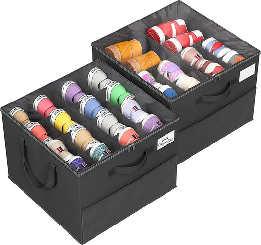 2 Pack Shoe Organizer for Closet, Large Shoe Box Storage Containers, Black