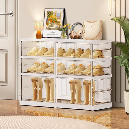 CIMLORD 3-Tier Foldable Shoe Rack for Closet Entryway 6-12Pairs,Stackable Clear Shoe Storage Boxes Organizer with Door Plastic Small Shoe Cabinet Bins with Lids Shoes Shelf Easy Assembly White