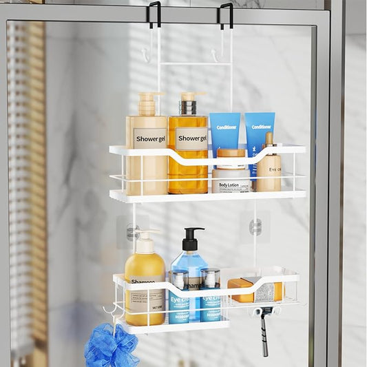 Over Door Shower Caddy, 2 Tier Shower Shelves Hanging with Soap Holders, White