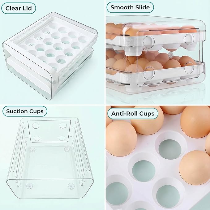 Zagtag® Egg Holder for Fridge, 2-Tier Stackable 40 Eggs Organizer Drawer for Refrigerator, Space-Saving Egg Container, Clear Plastic Egg Tray for Kitchen Storage