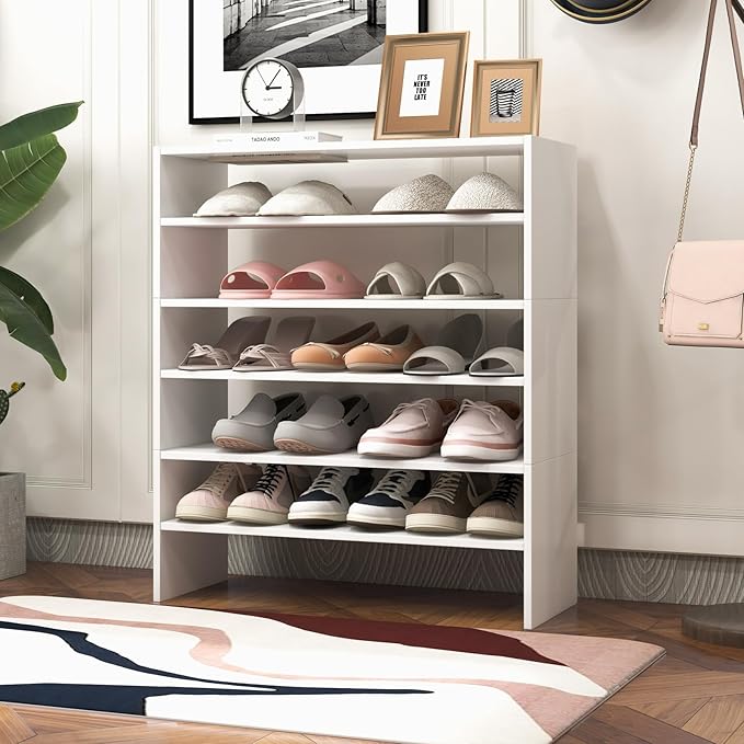 Giantex 3-in-1 Vertical Shoe Rack, 6-Tier Free Standing Shoe Storage Organizer w/Stackable Design for 18 Pairs, 31 Inch Wide Wood Shoe Shelf for Closet, Entryway, Living Room, Office (2, White)