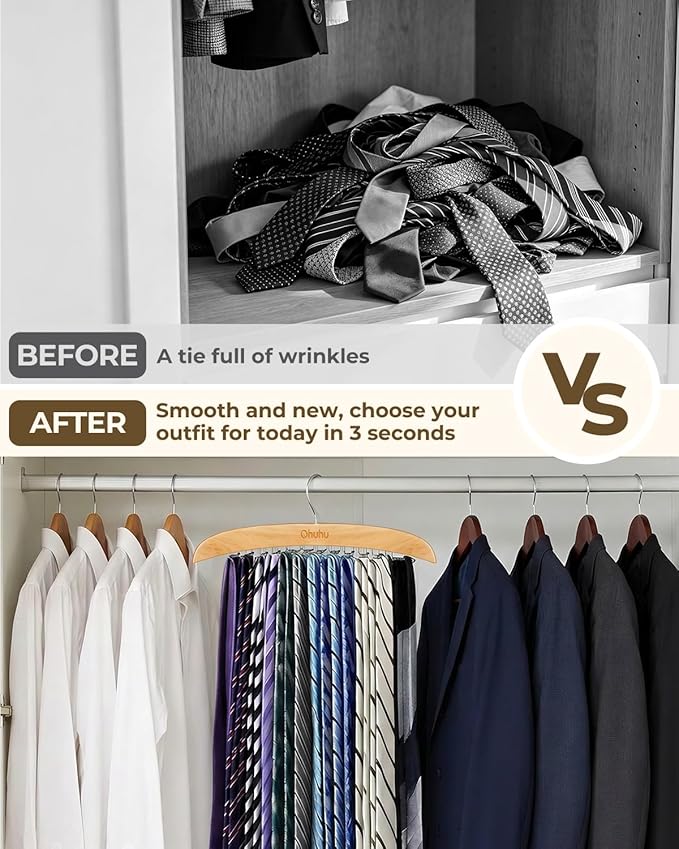 Tie Rack Hanger for Closet: Ohuhu 2 Packs 24 Folding Hooks Tie Hangers for Men Wooden Tie Holder Organizer Space Saving Necktie Storage 360 Degree Rotating Ties Belts Scarves Tank Tops-Burlywood