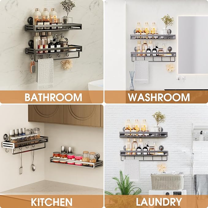 Suction Cup Shower Caddy, 11.8 inch Extended Version, with 5 Hooks & Towel Rrack, No Drilling Required, Rust-Resistant Bathroom Shower Organizer,Dark Grey