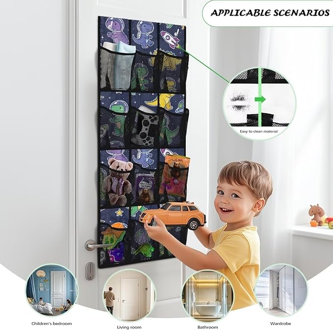 Astronaut Dinosaur Over The Door Organizer, 12 Large Mesh Pockets Hanging Shoe Rack for Closet, Space Theme Storage for Kids Room Toys & School Supplies