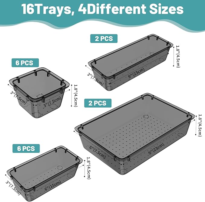 16 PCS Clear Plastic Drawer Organizer Set, Clear Black