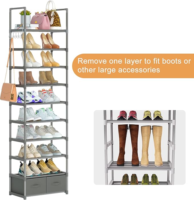 OYREL Shoe Rack, Sturdy Metal Shoes Rack Organizer,Narrow Shoe Rack,Shoe Racks for Closets,Shoes Rack,Shoe Stand,Shoe Shelf (10 Tier with 2 Boxes and 1 Hook)