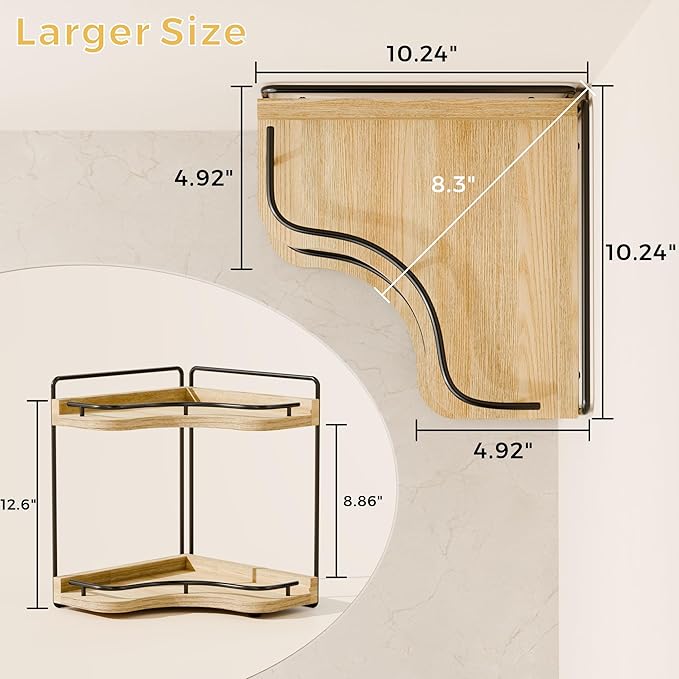 2-Tier Corner Bathroom Counter Organizers, Stable Wood Vanity Shelf for Perfume, Skincare & Makeup, Larger Size Countertop Organizer and Storage for Bathroom, Kitchen and Dresser(Light Brown)