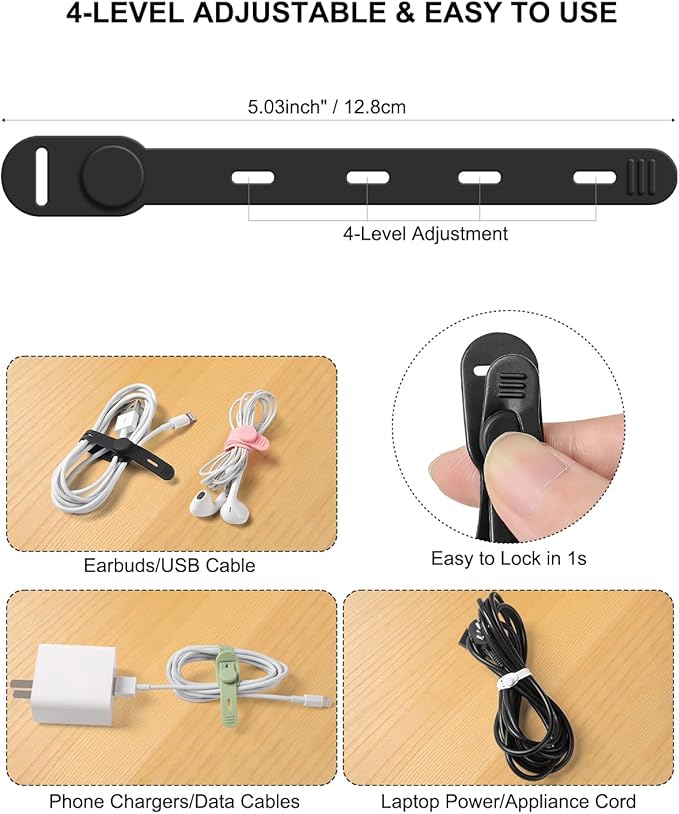 OneLeaf 16Pcs Premium Soft Silicone Cable Ties, Reusable Cord Organizer with Secure Buckle for Phone Charger, Bathroom & Home Organization, Tangle-Free Wire Keepers for Apple Cables - White