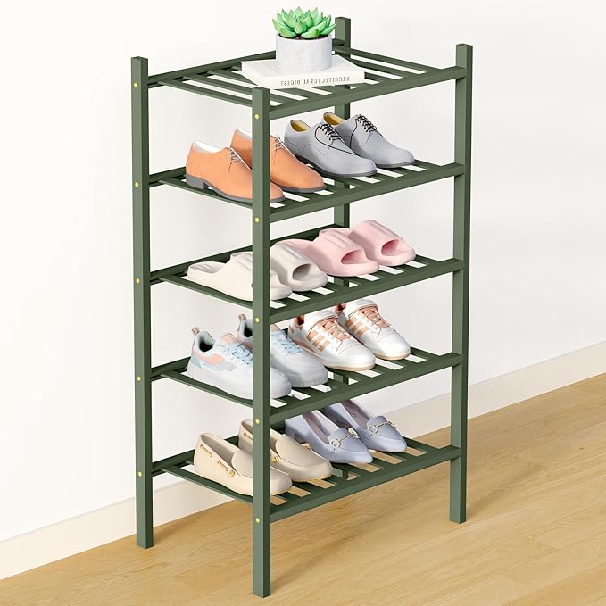 Smiry Bamboo Shoe Rack for Closet, 5 Tier Small Wooden Shoe Organizer, Stackable Wood Shoe Storage Shelf for Entryway, 14 Vertical Slats, 2+3 Stack Heavy-Duty Legs, 17.32"x11.02"x31.3", Green