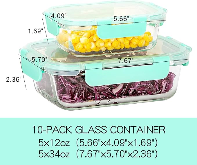 C CREST [10-Pack] Glass Food Storage Containers with Lids, Airtight, BPA Free