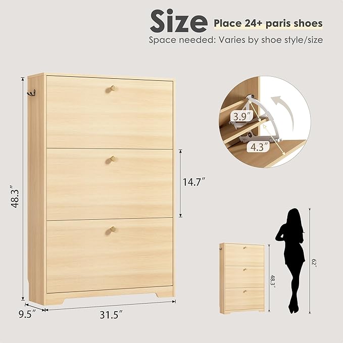 Nicetree Shoe Cabinet with 3 Flip Drawers，Freestanding Shoe Storage Cabinet, Narrow Shoe Organizer Cabinet, Farmhouse Slim Shoe Rack Cabinet for Entryway,Natural Oak with Hook