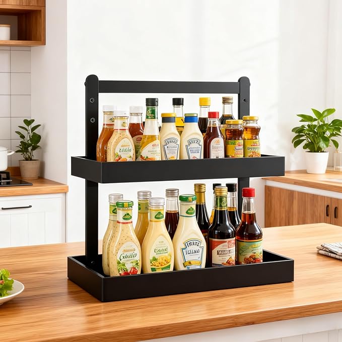 Bamboo Undersink Organizer Storage - 2-Tier Cabinet Shelf with Adjustable Levels, Under Sink Storage Slide Out for Cabinet Pantry Kitchen Bathroom (Black, 2 Packs)