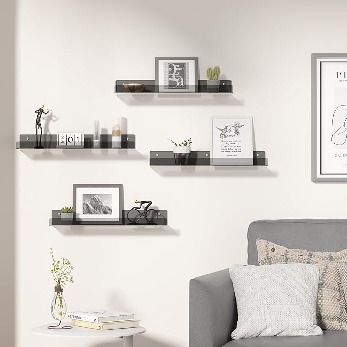 upsimples Acrylic Shelves for Wall Decor, 15" Display Shelf Perfume Organizer for Bathroom, Bedroom, Living Room, Floating Bookshelves for Kids, Clear Black, 4 Pack