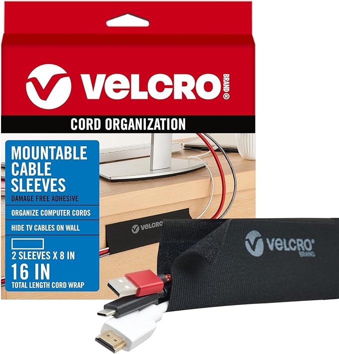 VELCRO Brand Mountable Cable Sleeve | Cord Management Mounts on Walls, Desk or Entertainment Center | Removable Adhesive is Damage Free | 8in Black, 2pk, 8in - 2Pk