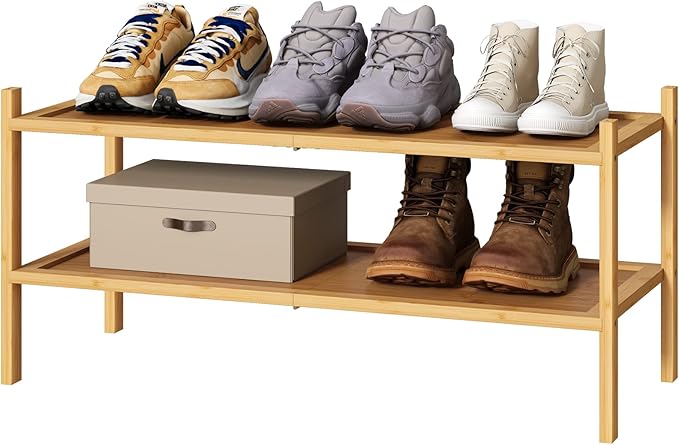 kiplant Bamboo Shoe Rack, 2-Tier Shoe Rack for Entryway, Free Standing Shoe Racks for Indoor & Outdoor, Stackable Shoe Organizer for Closet,