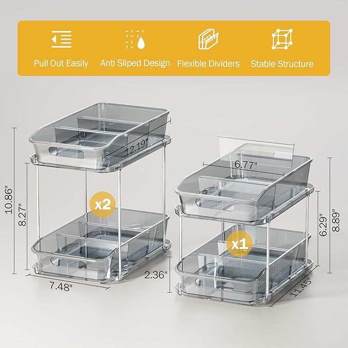 2-Tier Under Sink Organizers and Storage, 3 Pack, Grey