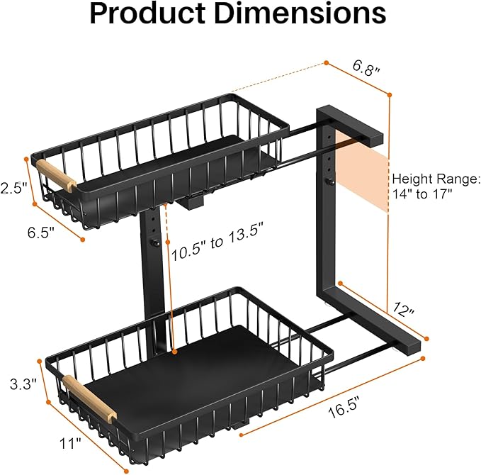 REALINN Under Sink Organizer, Height Adjustable 2 Tier Pull Out Cabinet Storage, L-Shaped Drawer Organizer for Kitchen Sink Organizer, Bathroom Organizers and Storage, Smooth Sliding Rails, Black