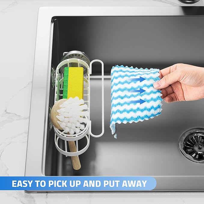 Cisily Kitchen Sink Caddy Sponge Holder in The Sink, Stainless Steel Kitchen Sink Organizer, Brush Holder, Dish Cloth Hanger, Sink Stopper Holder (Suction cup-White)