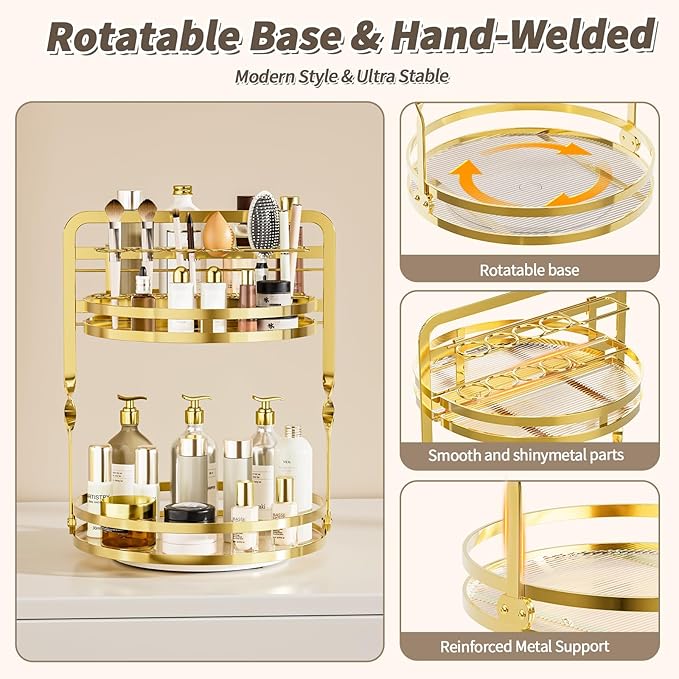 360° Rotating Makeup Organizer, 2-Tier Gold Perfume Organizer for Dresser, Bathroom Organizers Countertop, Perfume Shelf with Makeup Brush Holder, Skincare Holder Cosmetic Display(Gold)
