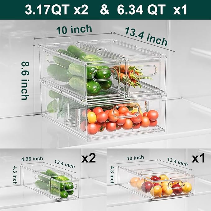Fridge Drawers, 3-Pack Clear Stackable Pull Out Refrigerator Organizer Bins