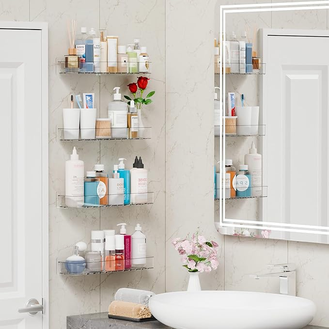 Yieach 4 Pack in Shower Organizers,Adhesive Shower Caddy,No Rust Acrylic Shower Shelves & Storage Rack,Plastic Bathroom Shelves,Bathtub Storage Organizer,Shampoo,Conditioner Holder for Washroom,Clear