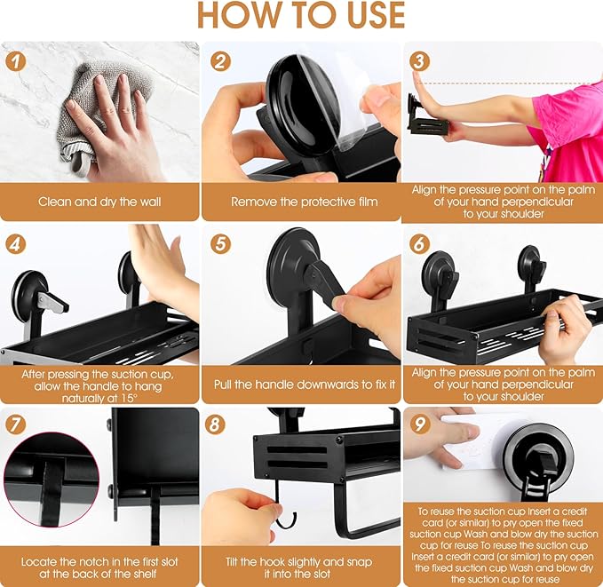 Suction Cup Shower Caddy, 15.7 inch Extended Version, with 5 Hooks & Towel Rrack, No Drilling Required, Rust-Resistant Bathroom Shower Organizer, Black