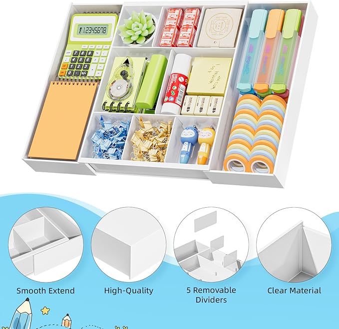 Marbrasse Expandable Desk Drawer Organizer, Clear Plastic Drawer Organizer Tray with 10 Adjustable Compartments, Desk Organizers and Accessories, 5 Drawer Dividers for Office Supplies, Makeup(White)