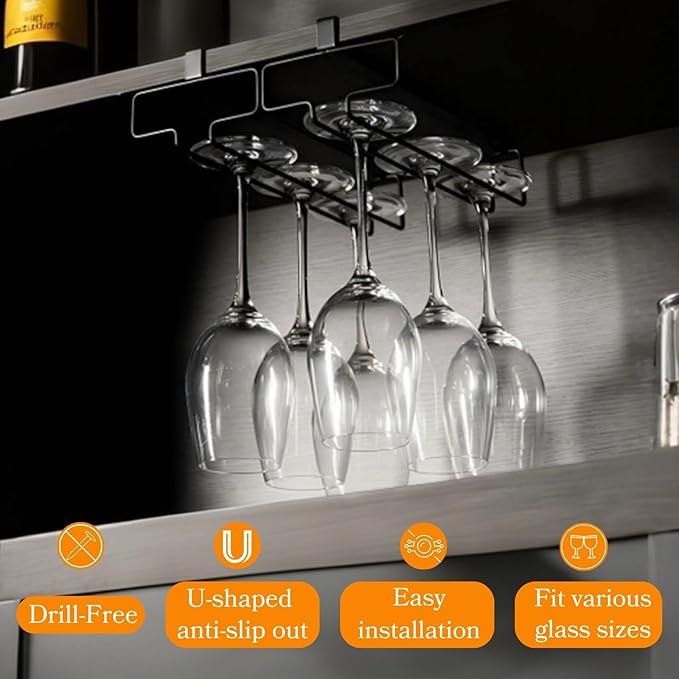 LINFIDITE Wine Glass Holder 2PCS Stemware Rack Hanger Under Cabinet Wine Glass Rack Kitchen Hanging Storage Rack Organizer,Black (For Partition Thickness under 1.18")