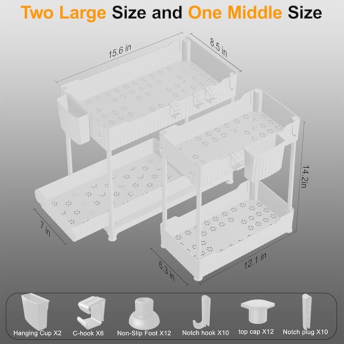 Sevenblue 3 Pack Under Sink Organizers, 2-Tier Multi-Use Kitchen and Bathroom Organizers and Storage with Sliding Drawers, Bathroom Cabinet Organizer (White, 12.8 Inch)