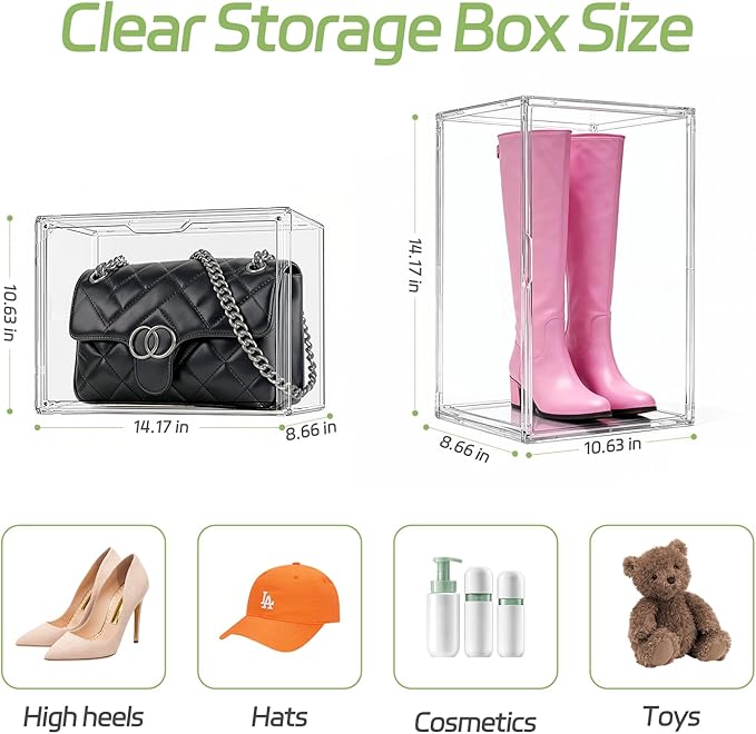 Clear Plastic Storage Bins, Acrylic Display Case with Magnetic Door, Large Stackable Display Organizer Box for Collectibles, Shoes, Book, Cosmetic, Figures Showcase(2 Pack)