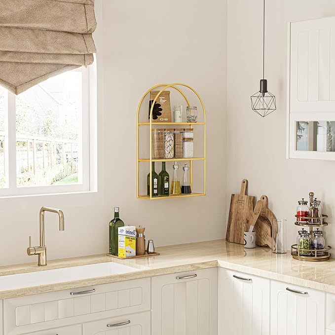 Crofy Gold Arched Frame Wall Shelf, Decorative 3 Tier Bathroom Wall Shelf with Transparent Tempered Glass Shelves and Robust Storage Capacity, 5.1" D x 18.1" W x 28.9" H