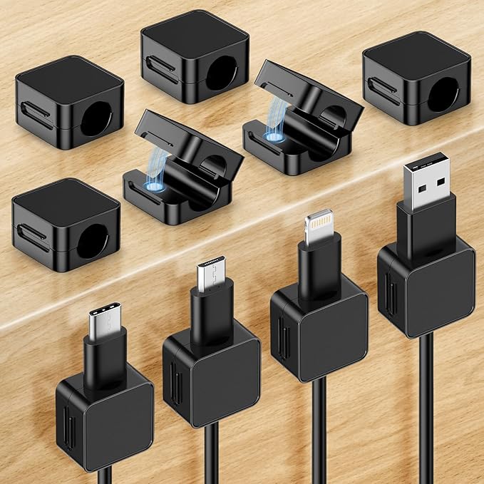 10 Pack Magnetic Cable Clips, Cord Organizer with Strong Adhesive Cord Holder for Nightstand, Desk, Home Office, Car, Phone Charger, USB, HDMI Cable Holder, Black