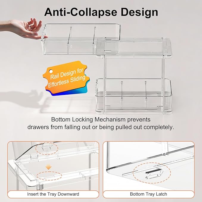 Delamu 2 Tier Under Sink Organizer Bathroom, Bathroom Cabinet Organizer with Snap-Lock Design and Hooks, Pull Out Storage with Movable Dividers, for Countertop, Kitchen and Pantry (Clear, 2 Pack)