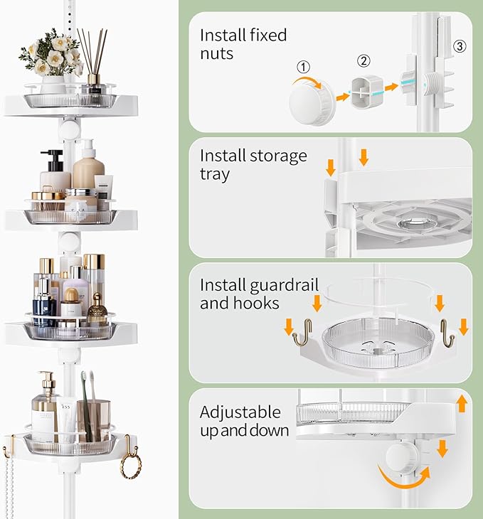 Shower Caddy Tension Pole with 4 L-Lazy Susan Organizer 360 Rotating 35-128 Inch