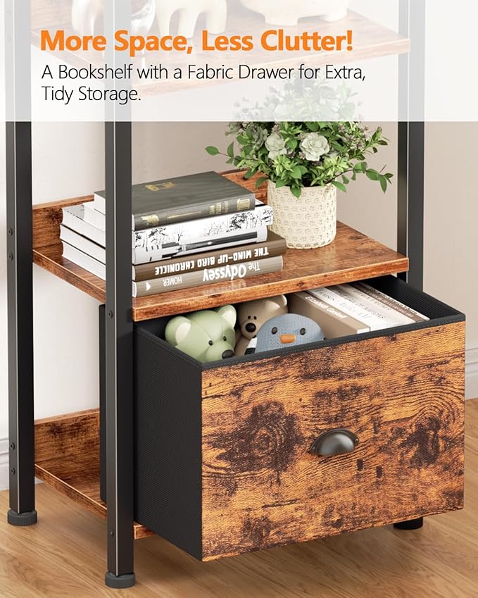 Book Shelf Set of 2, 6 Tier Tall Shelf with Drawer, Rustic Brown