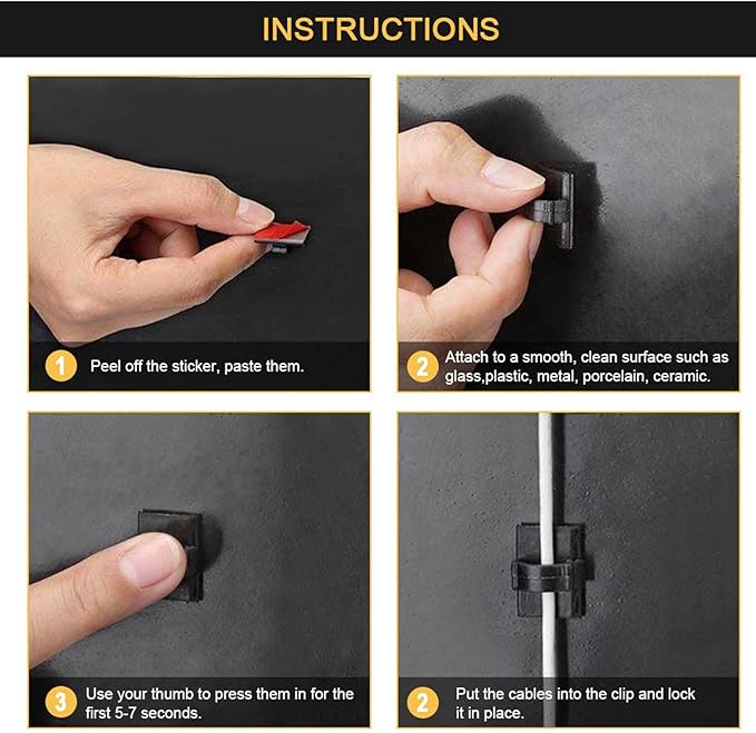 Cable Clips Self with 3M Adhesive Cord Organizer, Wire Holder Clamp Management Sticky for Desk Car Dash Cam Tables Wall, Black 30pcs