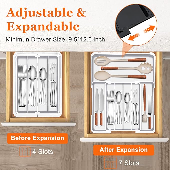 Spaclear Silverware Organizer Extra Deep - Expandable Utensil Drawer Organizer, 19 x 15 Inch Silverware Tray for Kitchen Drawer with 7 Slots, Adjustable Cutlery Tray for Spoons Forks Knives, White