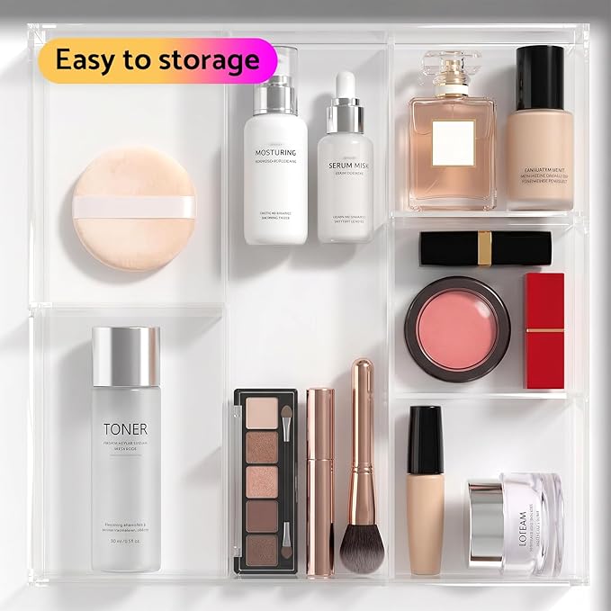 HIIMIEI Acrylic Drawer Organizer, 6 Section Clear Makeup Tray Organizer for Drawer Office Bedroom(11.8x11.8 inch)