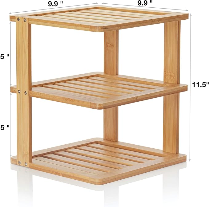 Bamboo Corner Shelf - 3 Tier 10 x 10 inch and 11.5 inches high. Kitchen Cabinet Organizer - Pantry Organization and Storage - Bathroom Countertop Shelves