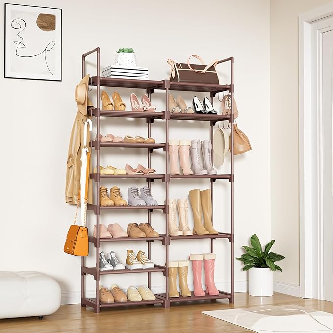 Shoe Rack Organizer, 8-Tier Metal Shoe Rack for Closet Entryway Garage, Brown