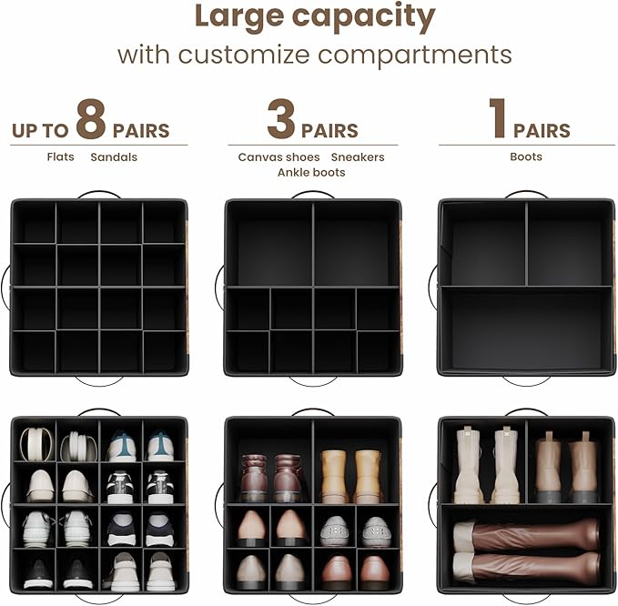 Varhomax Shoe Organizer Box for Closet 2 Pack, Fabric Shoe Storage Bin with Adjustable Dividers & Clear Cover, Holds up 16-32 Pairs of Sneakers & Sandals for Entryway, Cubby (Rust Brown)