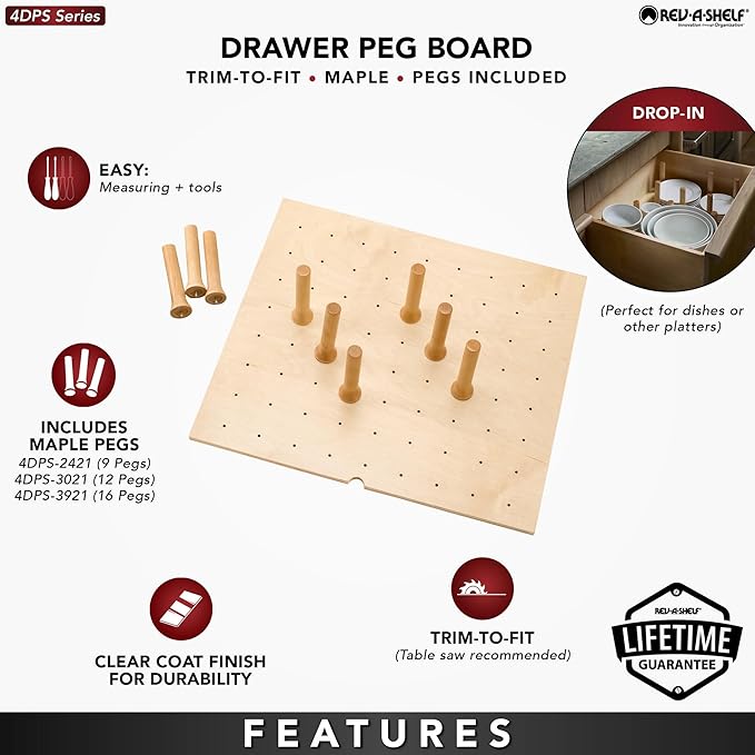 Rev-A-Shelf Trimmable Pegboard Drawer Divider Organizer, Trim to Custom Fit Wooden Kitchen Cabinet Storage Utensil, Pots & Dish Rack, 30" x 21", 4DPS-3021