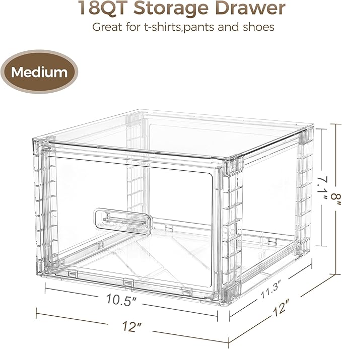 Vtopmart 2 Pack 18QT Clear Stackable Storage Drawers,Easily Assemble Closet Organizers,Plastic Storage Bins for Bathroom,Cabinet,Kitchen Pantry,Under Sink Organization(Medium)