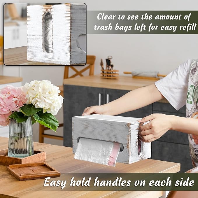 DRASTAR Trash Bag Dispenser, Wall Mount Wooden Trash Organizer , Countertop Trash Bag Roll Holder for 4-8 gallon , Retro White Kitchen Laundry Room Organization