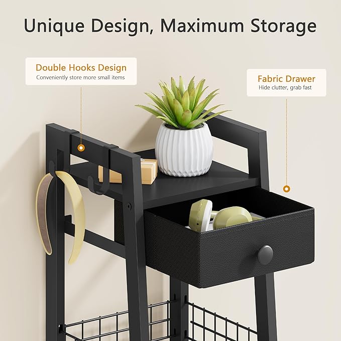3-Tier Narrow Ladder Shelf with Drawer, Black