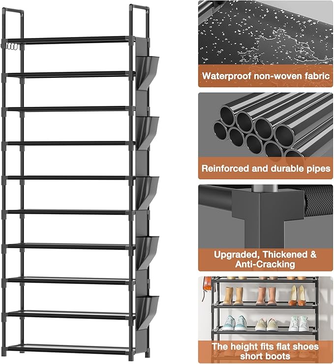 LUKYTOWER Tall Shoe Rack - 10 Tier Shoe Organizer with 5 Hooks, Pocket & Sturdy Stand for Closet Shoes