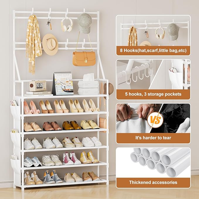 OYREL Shoe Rack 6 Tier Shoes Organizer 24-30 Pairs Shoe Racks for Closet Front Door Entrance Large Capacity Space Saving Shoe Storage Organizer with Multifunctional 5 Hooks and Side Pocket