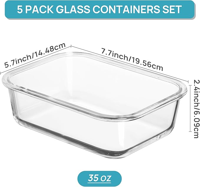 5 Pack 35oz Glass Food Storage Containers with Lids, Multicolour