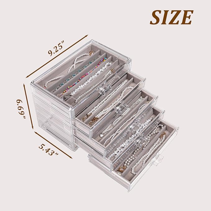 5 Drawerss Necklace Organizer Box, Tray with Clear Lid, Dustproof Velvet Necklaces Holder Storage Display Case, Gery Necklace Tray Drawer Insert for Pendant Suitable for Women and Girls (25 grids)