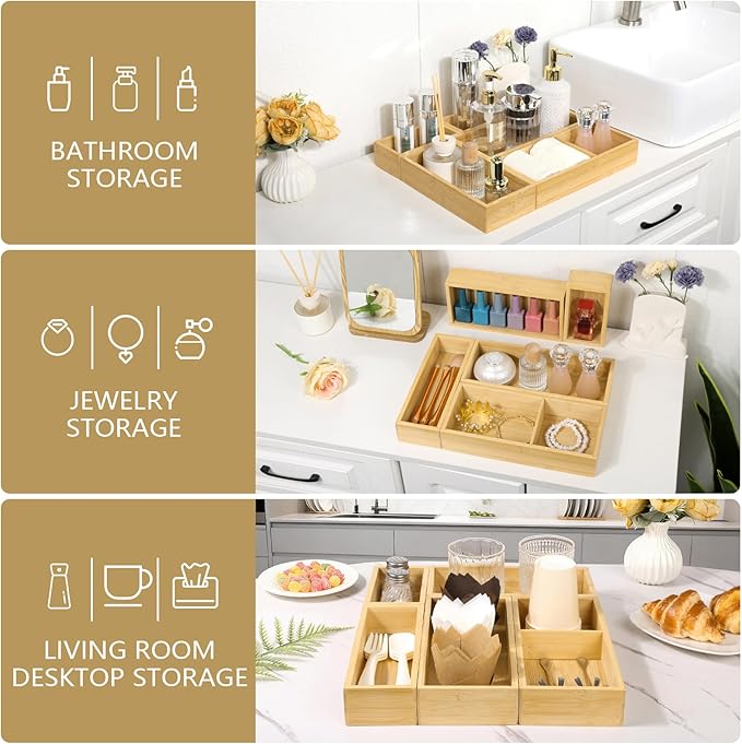 5 Pack Bamboo Drawer Organizer Set, Multi-Use Junk Drawer Organizer for Bathroom